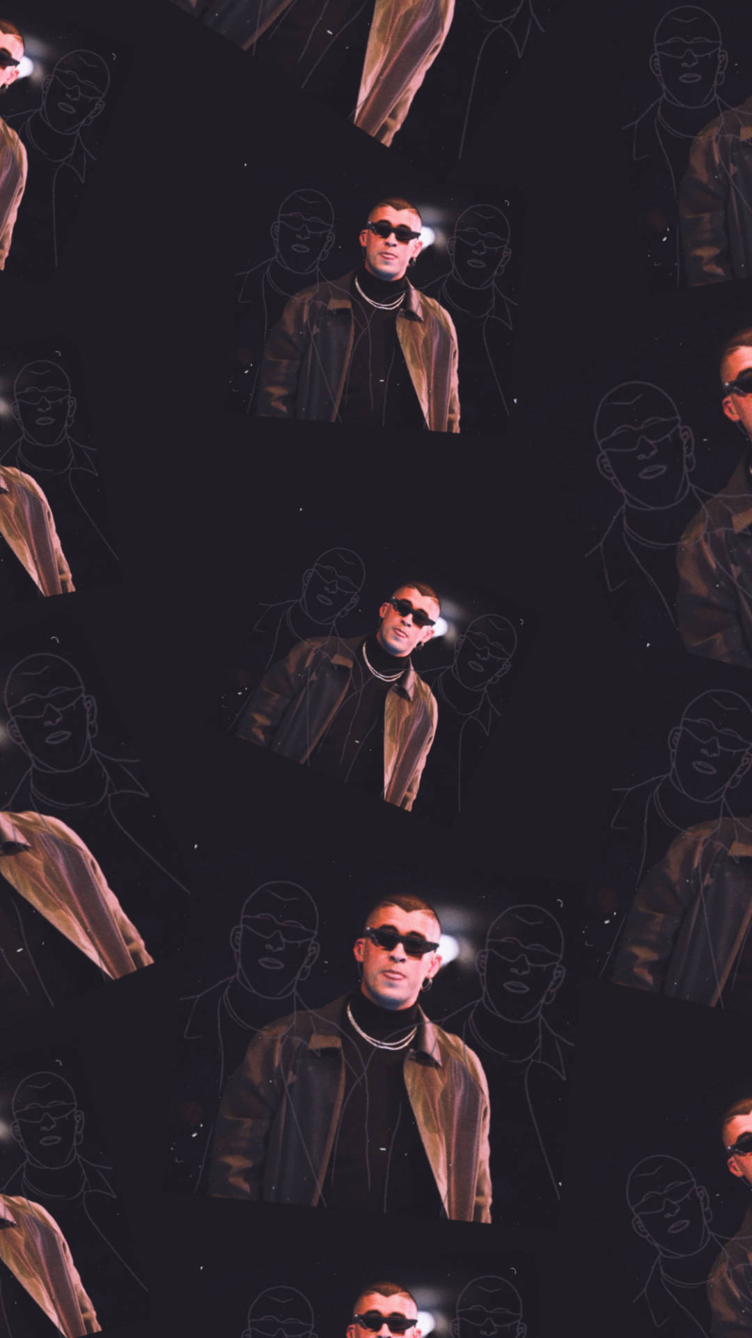 Bad Bunny 深棕色皮夾克 壁紙 — 一個戴太陽眼鏡和皮褸的男人在深色背景上重複，帶有模糊的輪廓肖像。