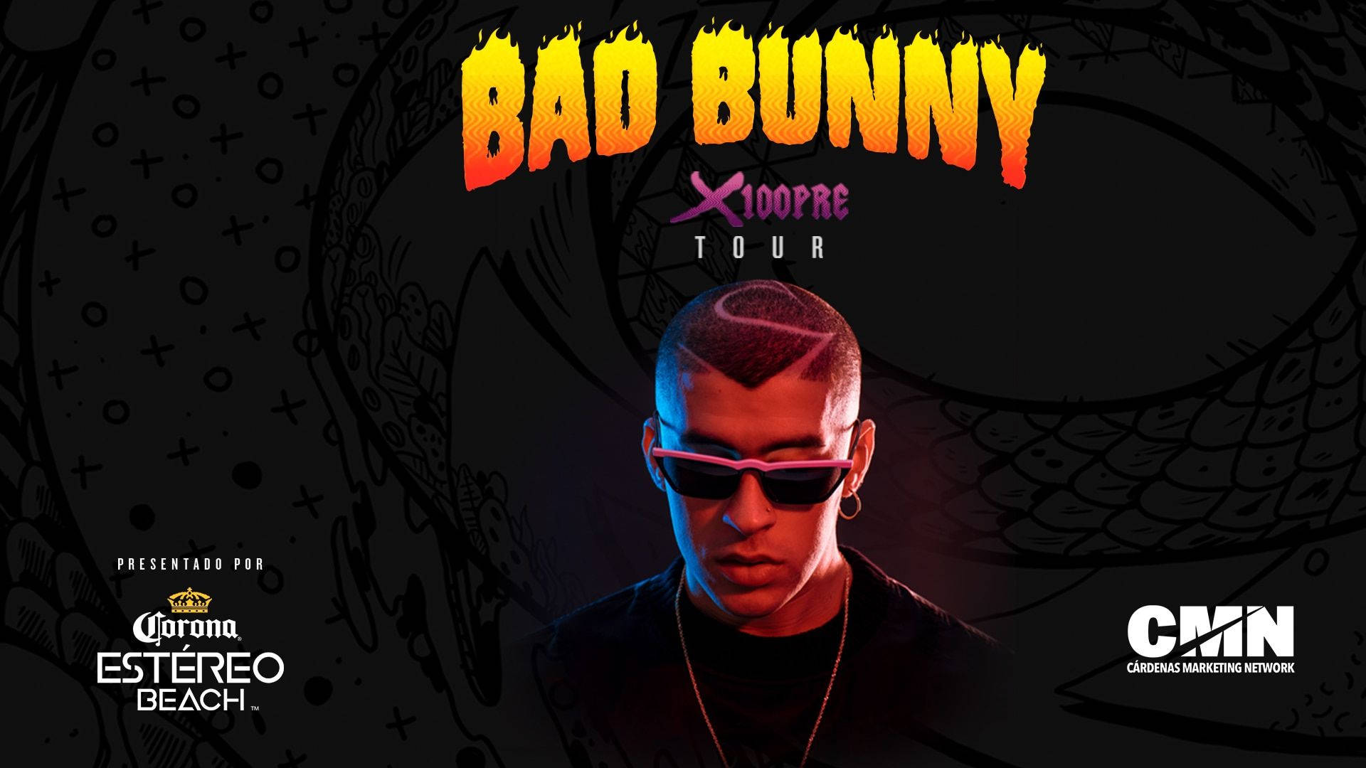 Bad Bunny 燒燬字樣姓名海報 壁紙 — Bad Bunny 戴著粉紅色太陽眼鏡，背景黑暗，帶有火橙色文字和龍紋身藝術。
