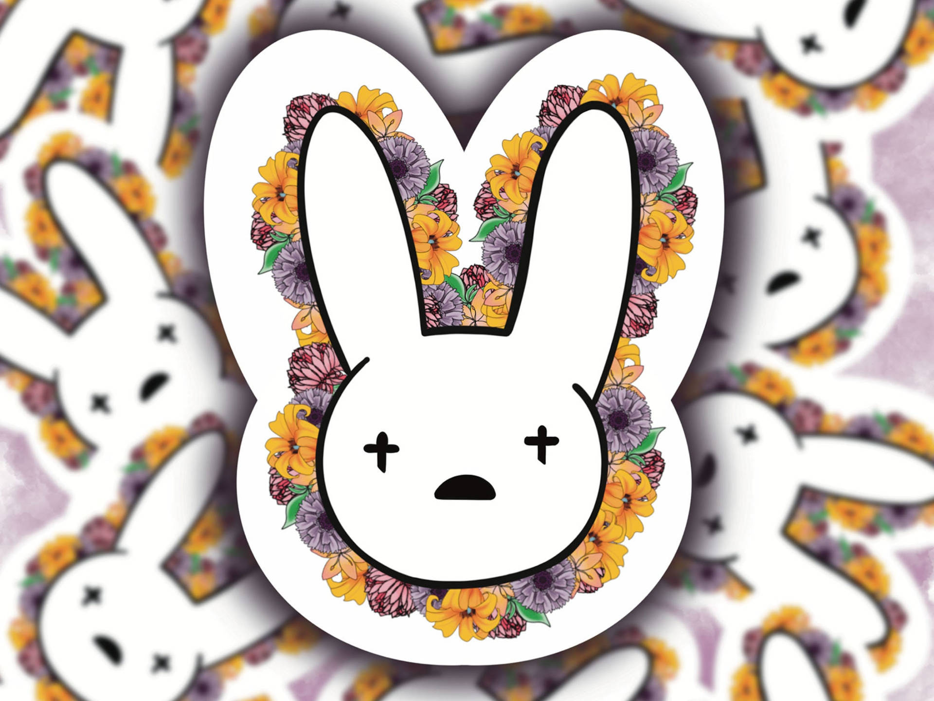 Bad Bunny 白色花卉兔頭圖案 壁紙 — 一個白色兔仔貼紙，頭上戴著黃色和紫色花朵的花環。