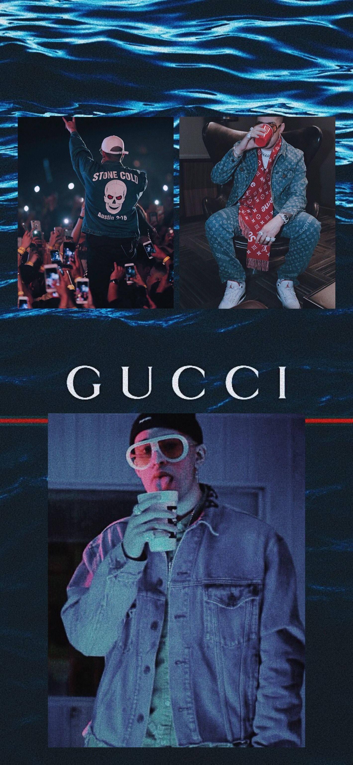 Bad Bunny 聯名 Gucci 海報 壁紙 — 三張Gucci時尚照片在發光的藍色水波紋下，展示了一位舞台上的表演者、一位穿著圖案西裝坐著的男士，以及一位穿著牛仔褲從杯子裡喝東西的男士。