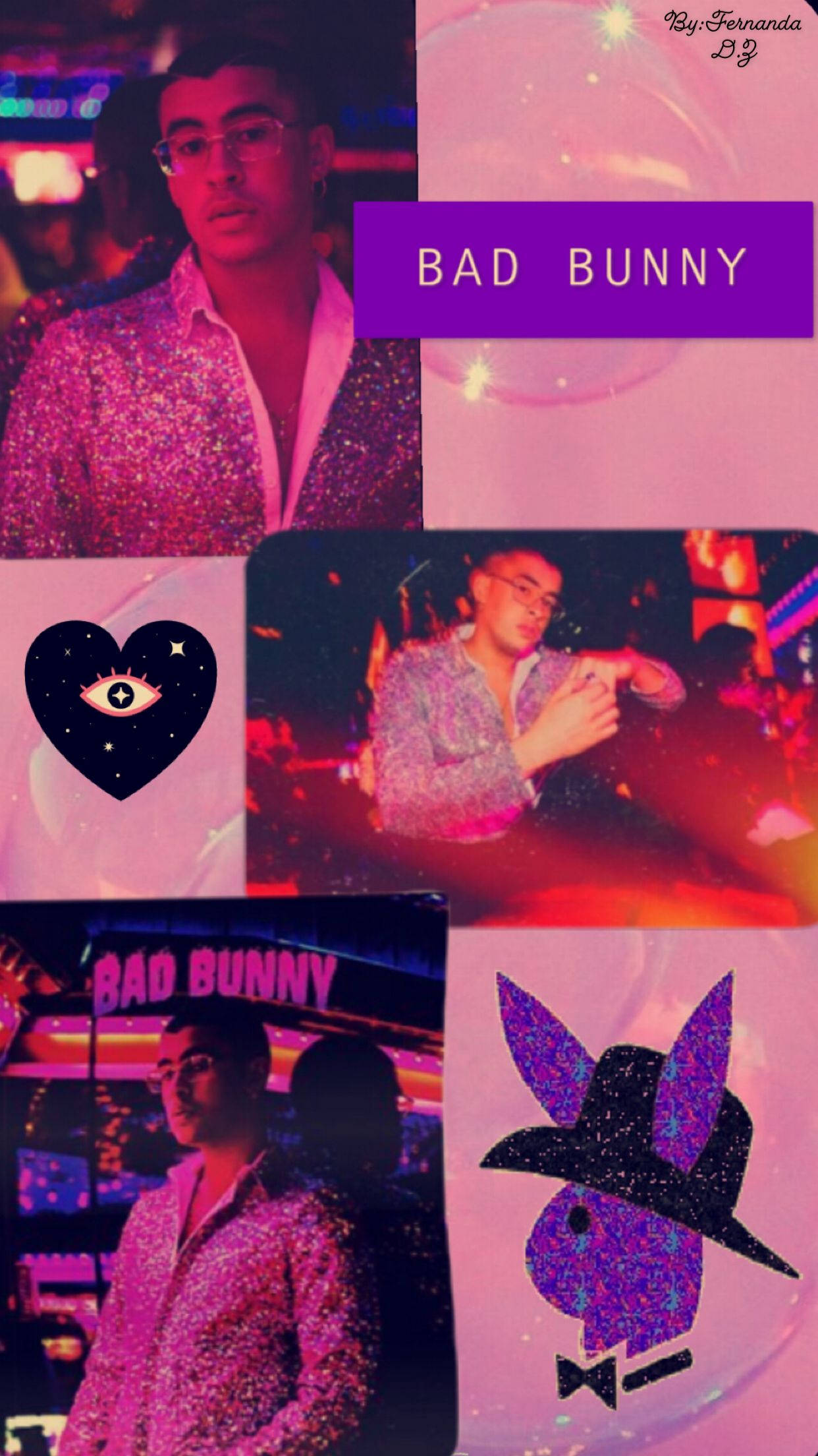 Bad Bunny 與紫色 PlayBoy 兔子 壁紙 — 一個充滿活力的Bad Bunny拼貼畫，穿著閃閃發光的服裝，背景是霓虹燈夜景，帶有宇宙和Playboy兔子的圖案。