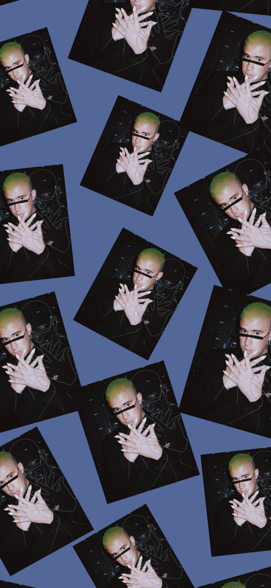 Bad Bunny 黑框相框照片 壁紙 — 一張相同照片的拼貼顯示一個有綠色頭髮和黑色眼罩的人，在藍色背景前做手勢。