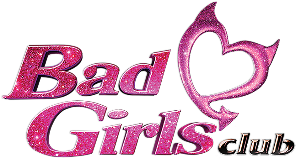 Bad Girls Club 標誌 壁紙 — 大膽的粉紅色閃粉文字寫著「Bad Girls club」，帶有惡魔心形標誌，背景為黑色。