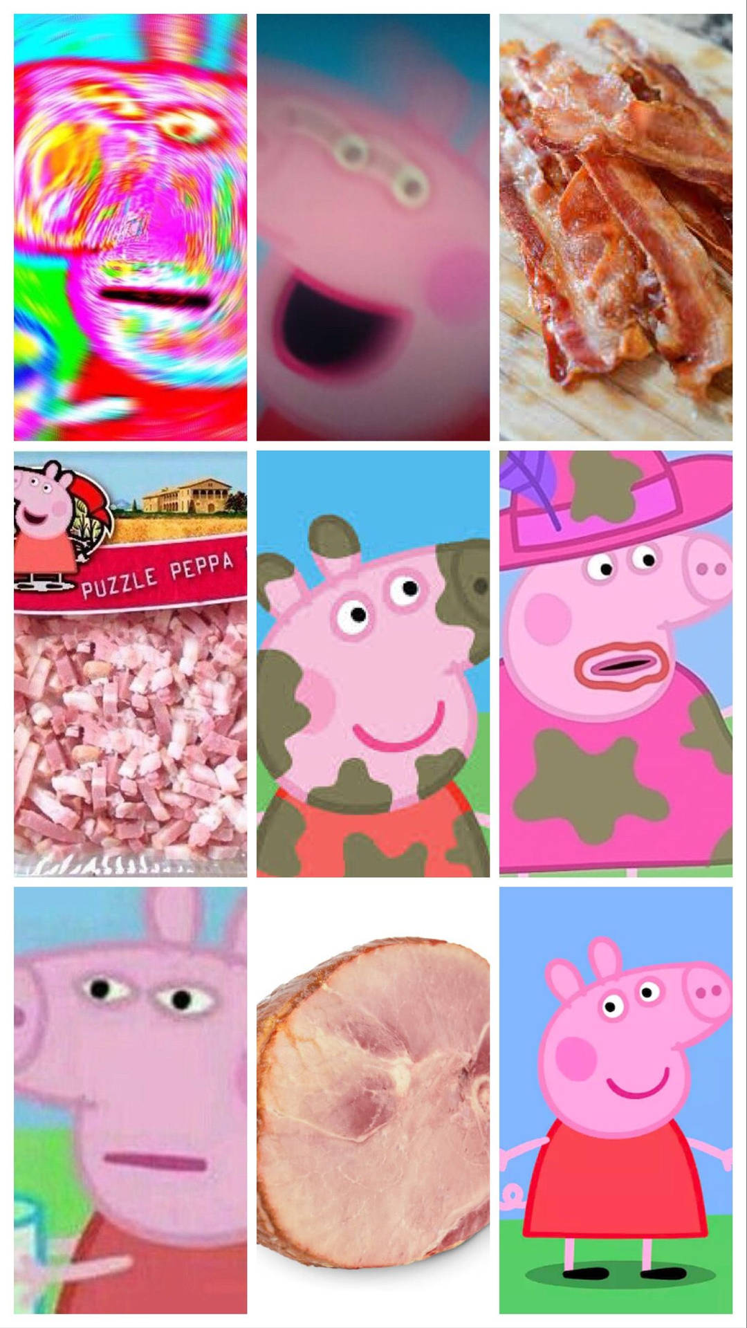 Peppa Pig 角色和煙肉火腿切片的拼貼畫。