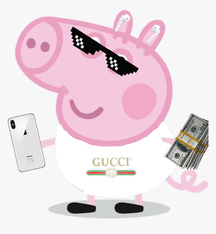 Peppa Pig 戴著太陽眼鏡和Gucci襯衫，手持iPhone和現金。