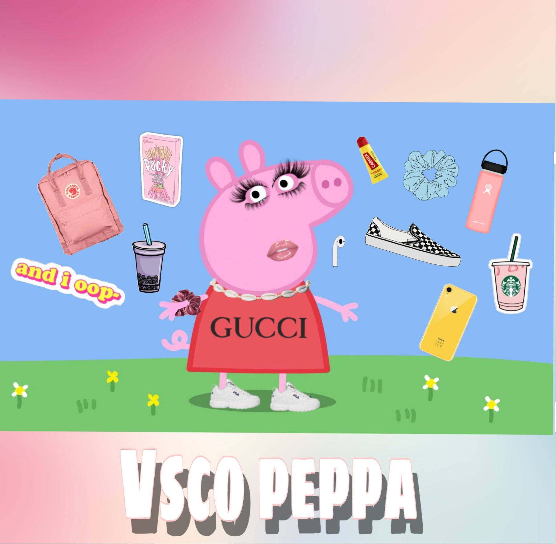 Peppa Pig 穿著 Gucci 連衣裙，在草地上搭配 VSCO 配件。