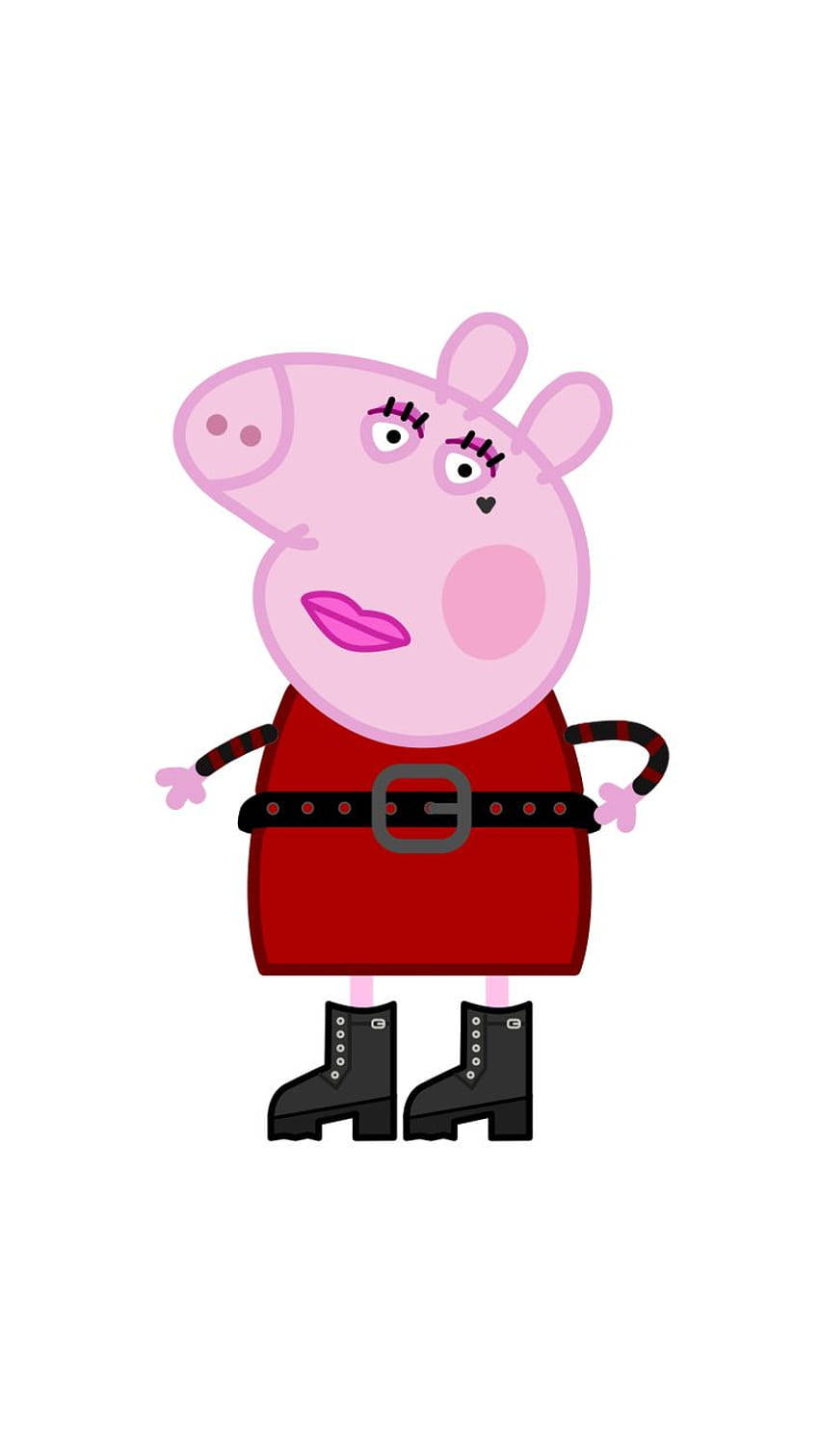 Peppa Pig 穿著紅色連衣裙和黑色靴子，表情自信。