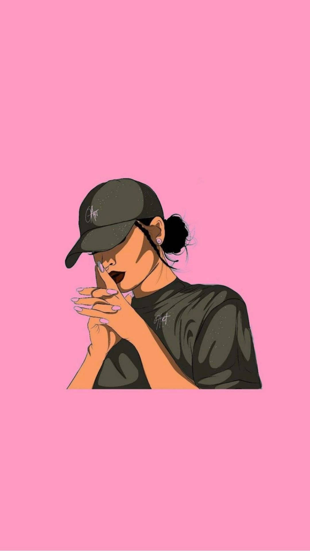 Baddie PFP 風格女孩 壁紙 — 一個風格化的插圖，描繪一位戴黑色帽子和穿黑色襯衫的女性，在純粉色背景前，雙手靠近臉部。