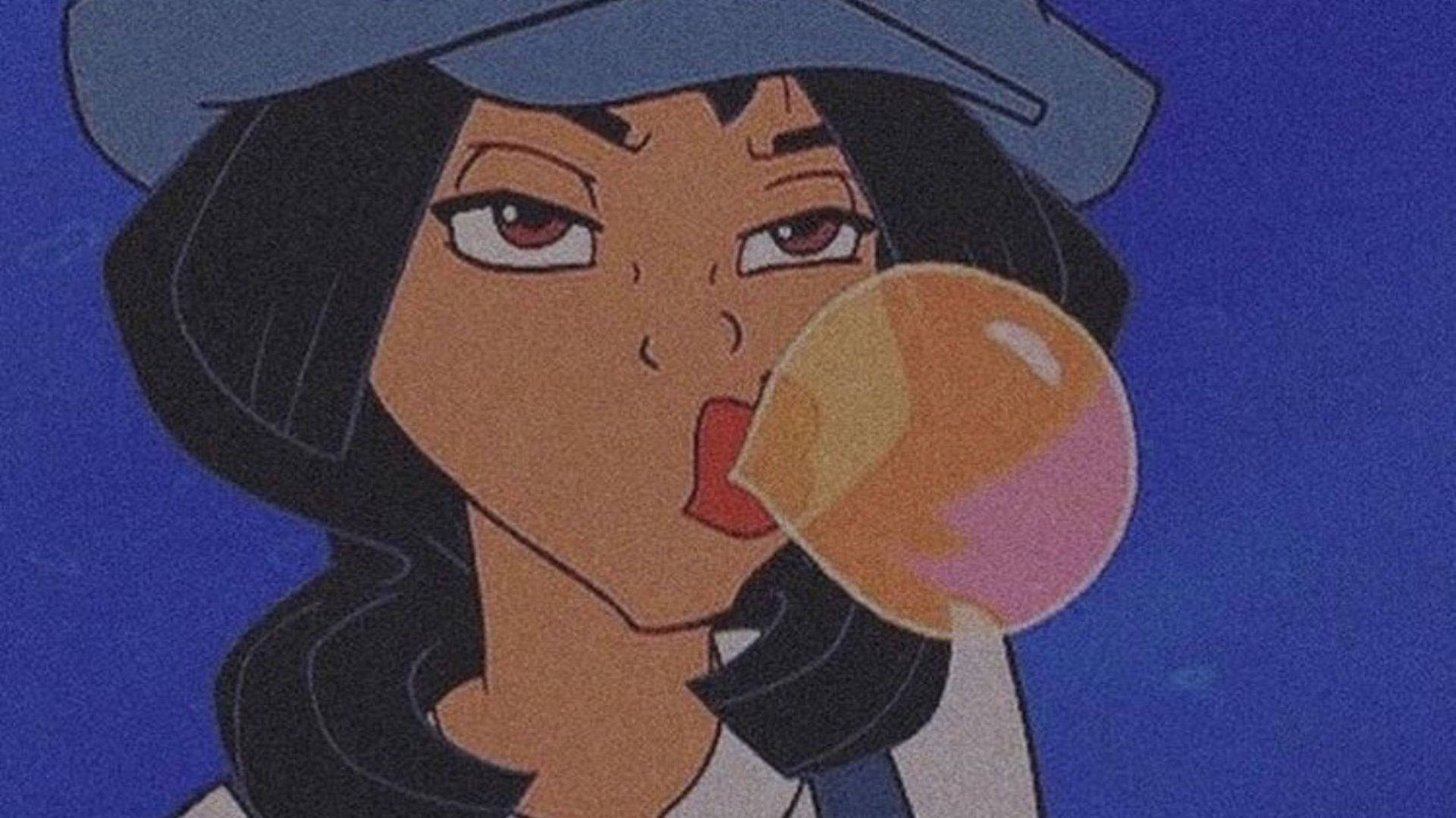 Baddie PFP黑幫女孩 壁紙 — 一個深色頭髮、戴藍色帽子的卡通女孩在純藍色背景上吹出一個大橙色泡泡糖泡泡。
