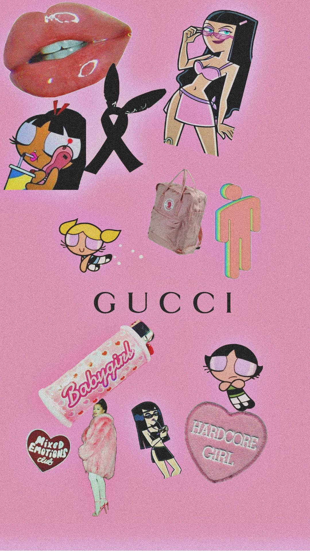 Baddie頭像拼貼畫 壁紙 — 一個充滿活力的粉紅色拼貼畫，以俏皮混亂的風格排列卡通人物、時尚物品和文字貼紙。