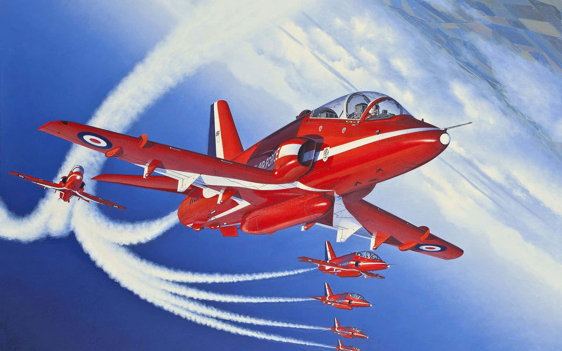 BAE Hawk T1 紅箭隊——天空中的壯觀景象 壁紙 — 紅色噴射機在明亮的藍天中以緊密編隊翱翔，留下白色煙霧痕跡。