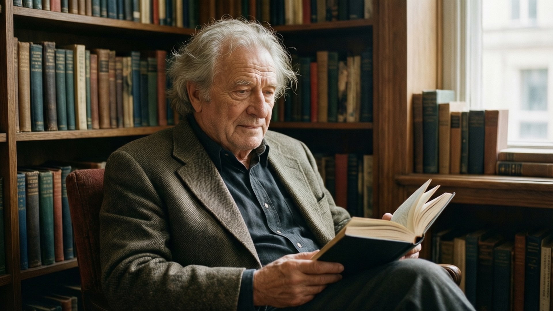 Intellectual Ustinov 壁紙 — 一位白髮長者坐在木椅上，被書架環繞，在陽光充足的書房裡閱讀一本書。