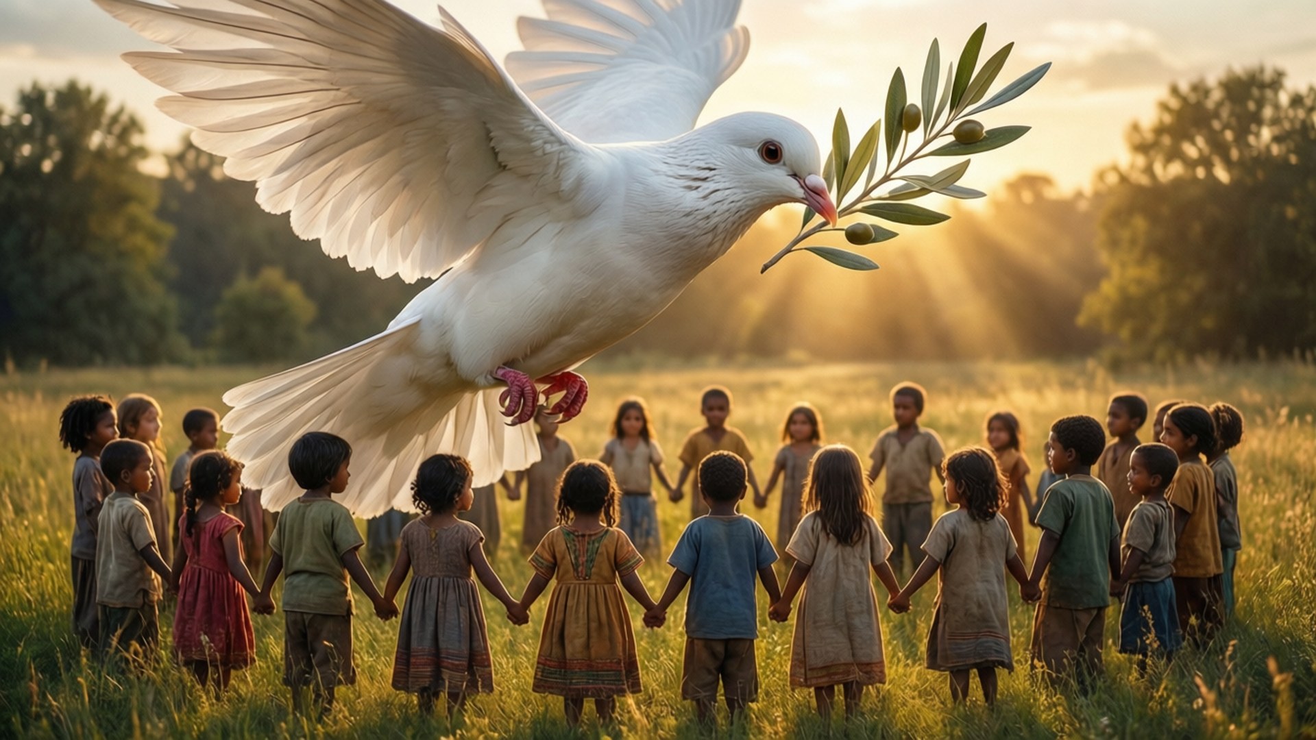 International Day Of Peace 桌布 壁紙 — 一隻白鴿叼著橄欖枝，在夕陽下金色田野中手牽手的孩子們上方翱翔。