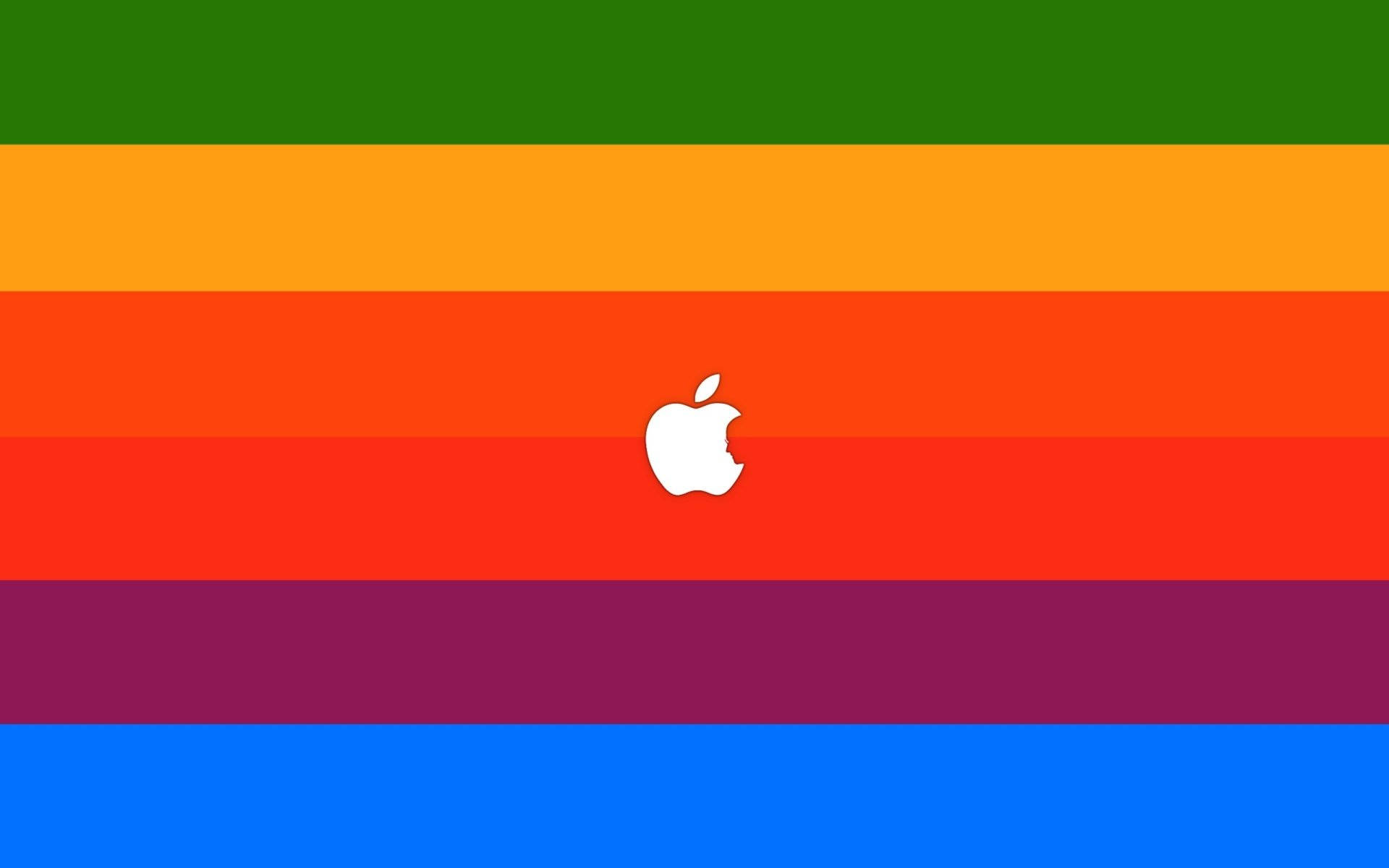 蘋果標誌史蒂夫·賈伯斯剪影 壁紙 — 一個白色Apple標誌置於充滿活力的彩虹條紋背景中央，帶有綠色、橙色、紅色、紫色和藍色條帶。