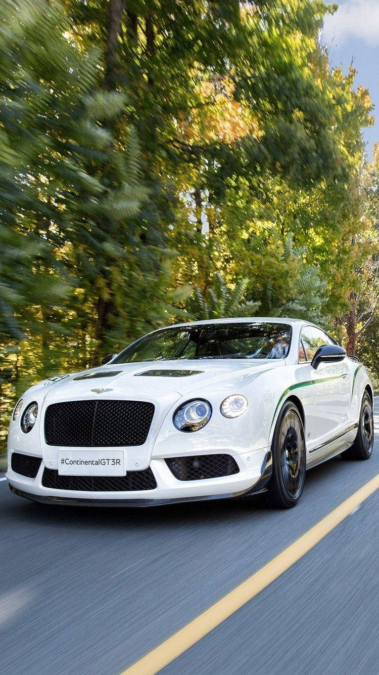 白色賓利 Continental GT3R 在森林道路上高速行駛，帶有動態模糊效果。