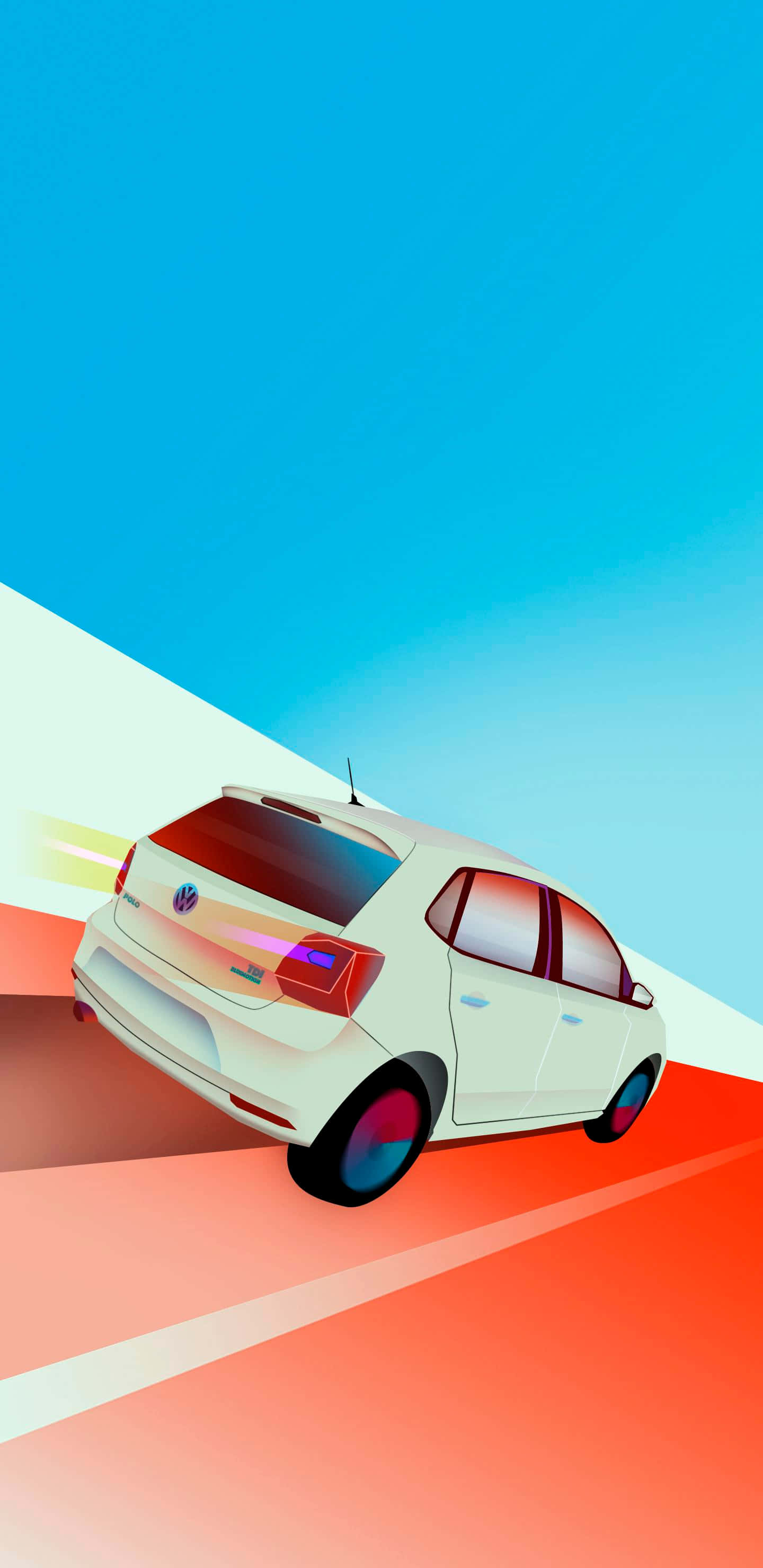 Volkswagen Polo 桌布 壁紙 — 一輛白色福士偉根掀背車在晴朗藍天下，沿著充滿活力的橙色道路高速行駛，帶有動態模糊痕跡。