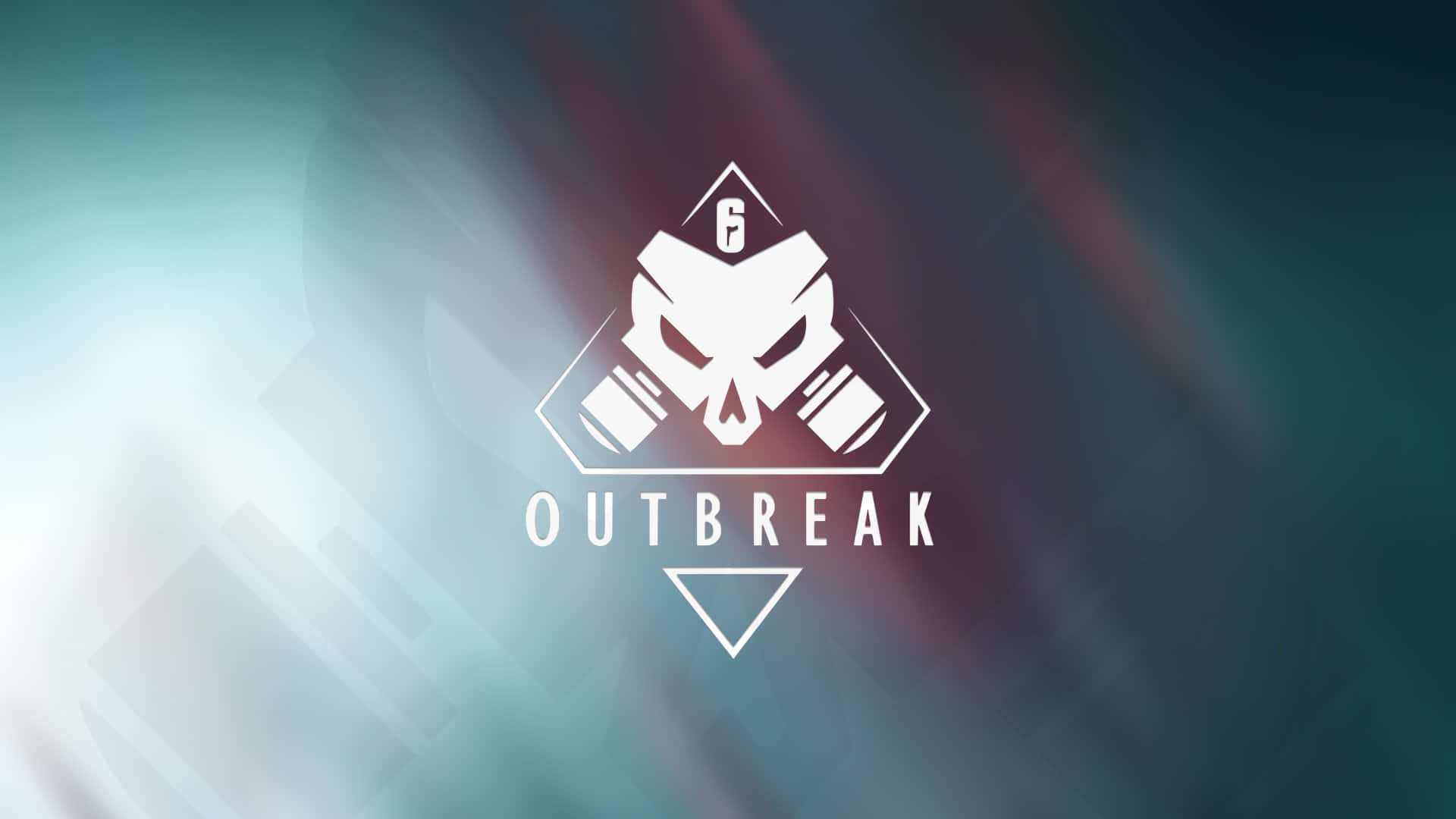  壁紙 — 一個白色風格化骷髏標誌，帶有「outbreak」字樣，置於藍綠色和洋紅色的模糊漸變背景上。