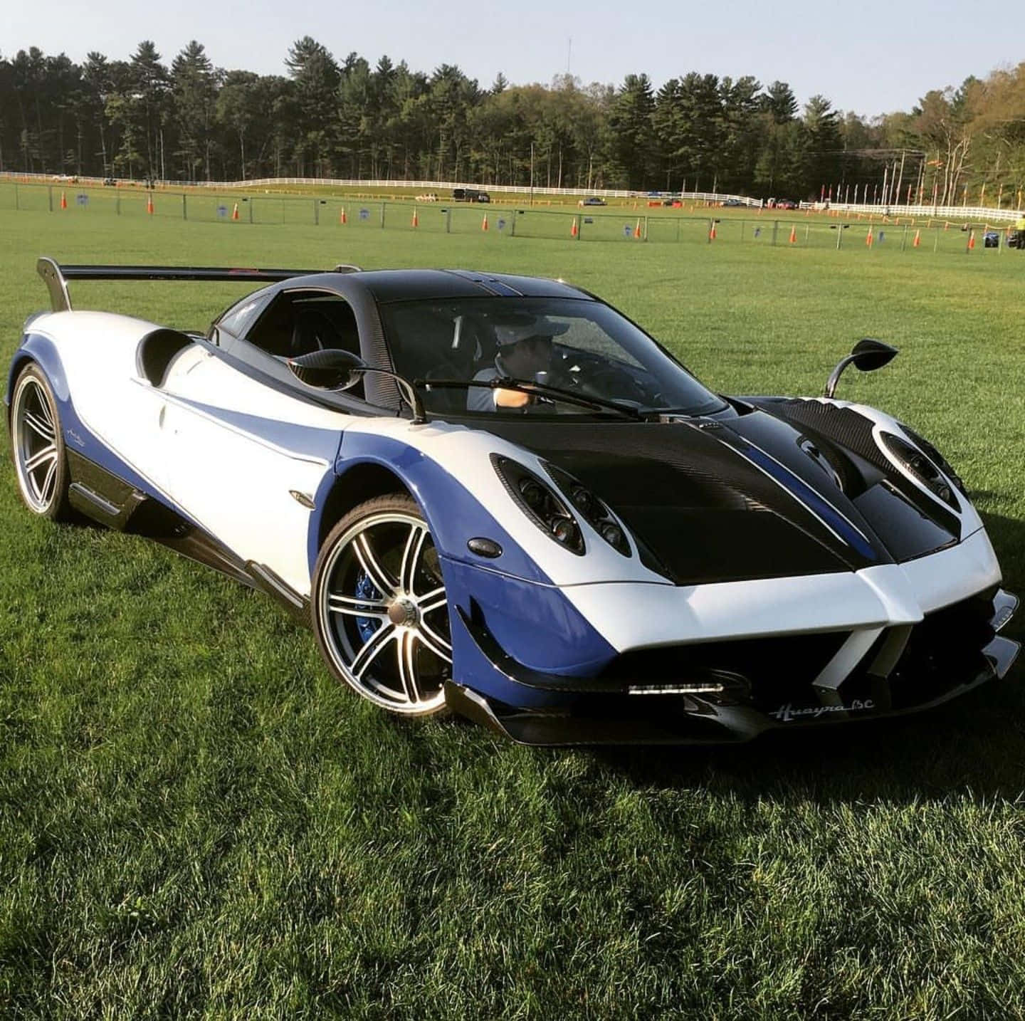 Pagani Zonda C12 Roadster 桌布 壁紙 — 一架白色和藍色的Pagani Huayra BC超級跑車停放在充滿活力的綠色草地上，背景是森林覆蓋的賽道。