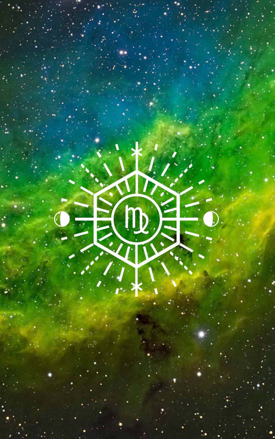 在色彩繽紛的星空背景上，以幾何太陽爆發設計呈現的白色處女座符號。