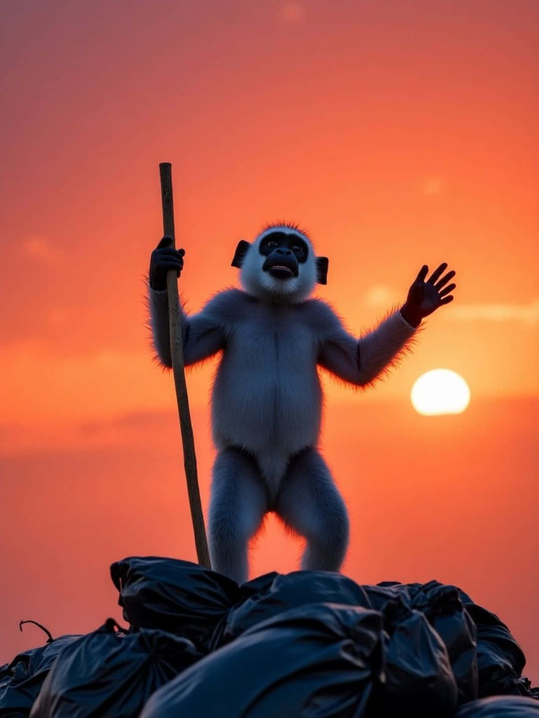  壁紙 — 一隻白色毛髮的猴子站在黑色垃圾袋上，手持棍棒，背景是火紅橙色的日落天空。