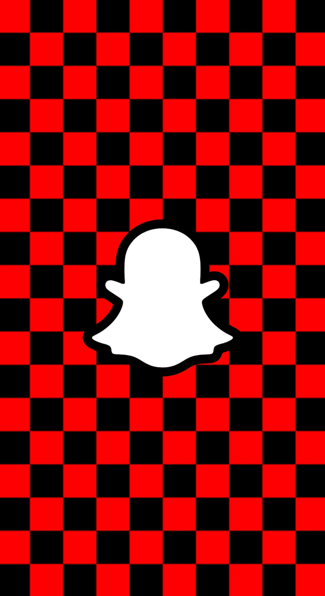  壁紙 — 白色Snapchat鬼魂標誌居中在鮮明的紅黑棋盤格紋背景上。
