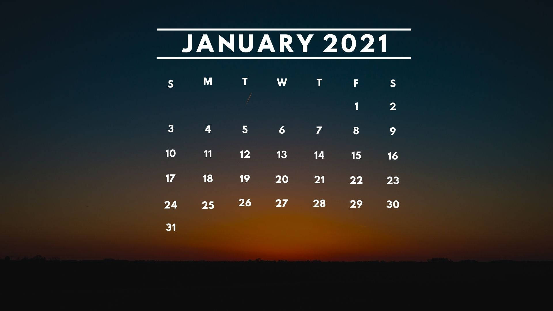 2021年1月日曆以漸變日落天空為背景。