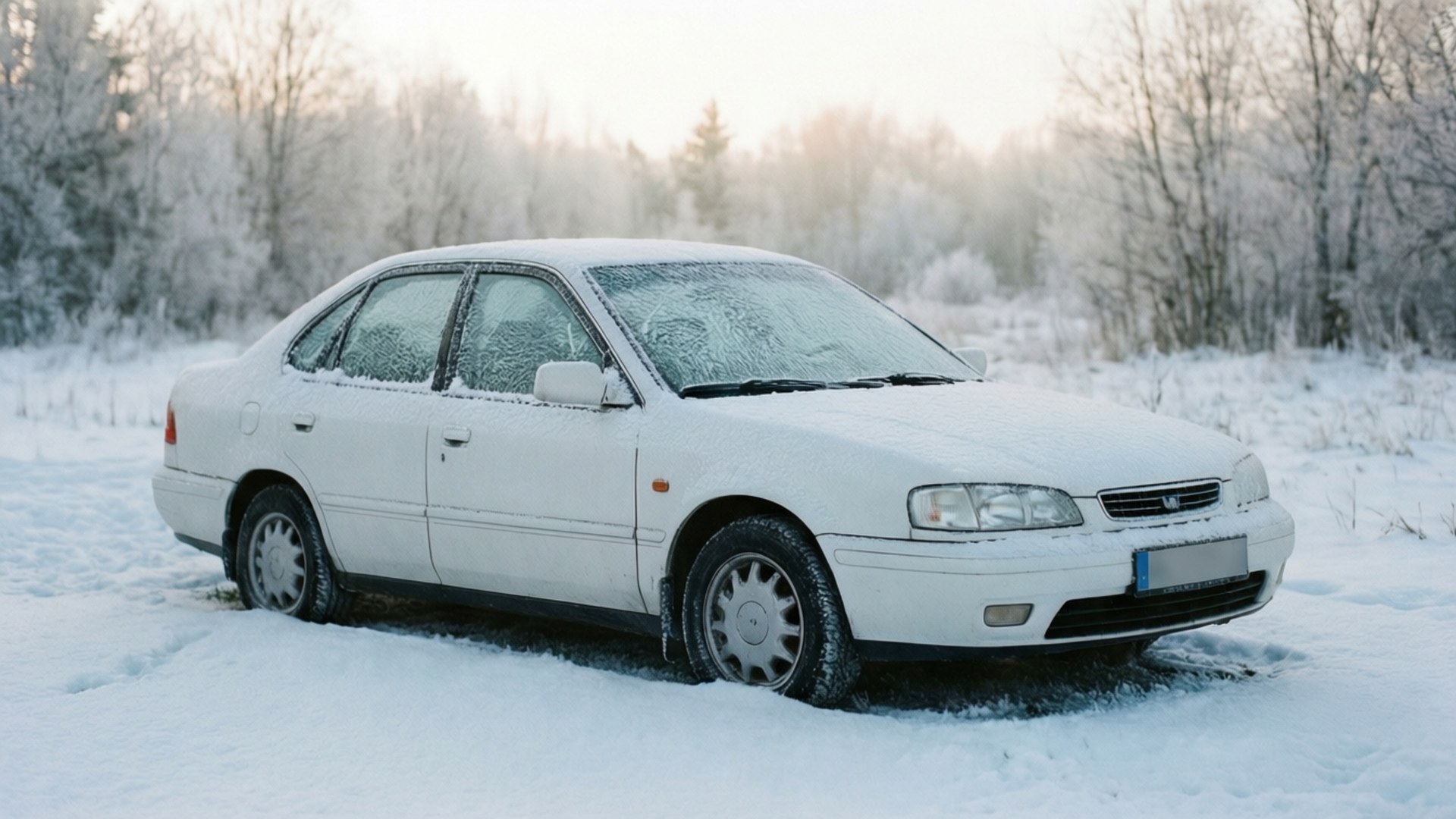 白色汽車停在雪地田野中，後面有結霜的樹木