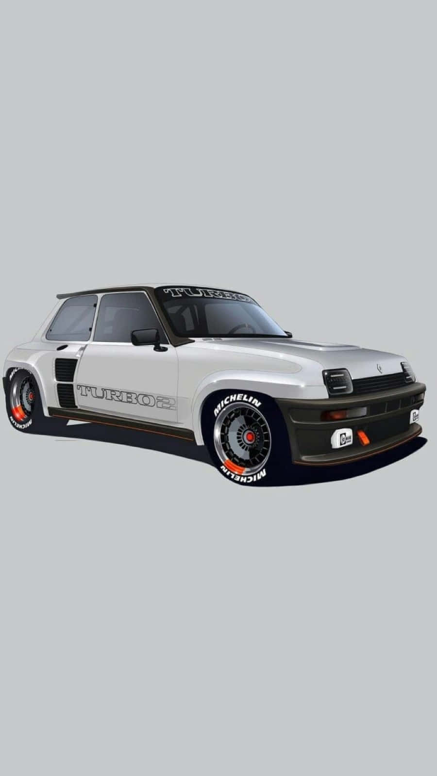 Renault 5 Turbo 桌布 壁紙 — 一架時尚的白色雷諾5 Turbo 2賽車，帶有黑色點綴和米芝蓮輪胎，在純灰色背景前蓄勢待發。