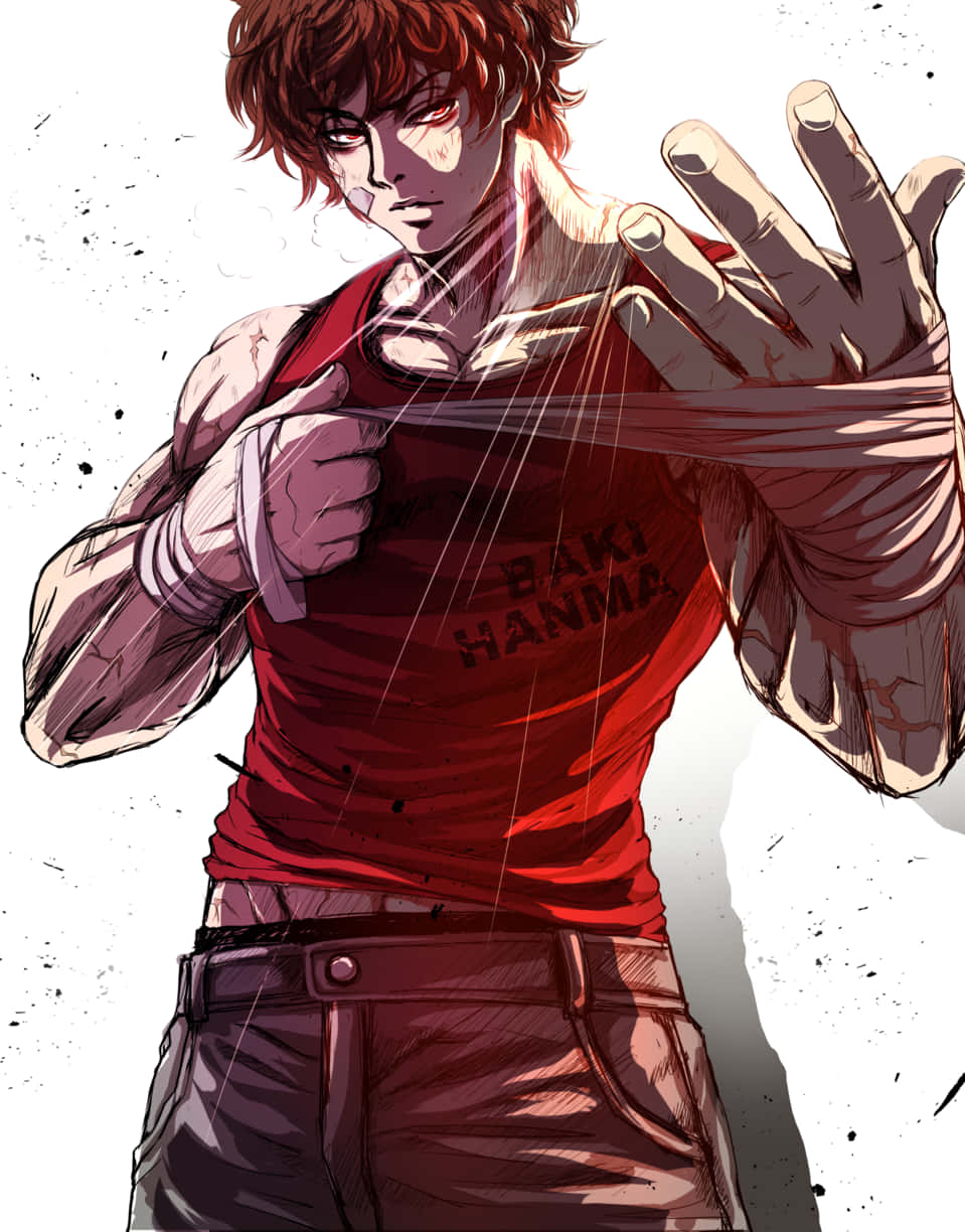 Baki Hanma釋放真正力量 壁紙 — 一個肌肉發達的動漫戰士穿著紅色背心，在純白背景下專注地撕裂布料。