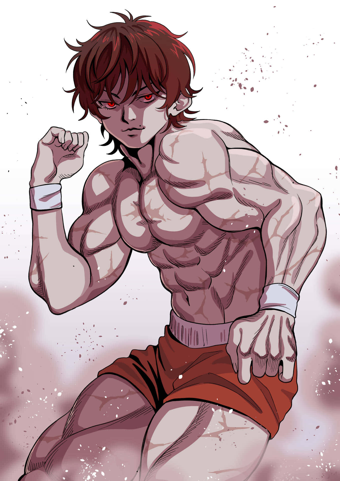 Baki Hanma準備迎戰 壁紙 — 一個肌肉發達的動漫戰士，紅眼睛和棕色頭髮，穿著紅色短褲，在斑點粉紅色背景前擺出挑釁姿勢。