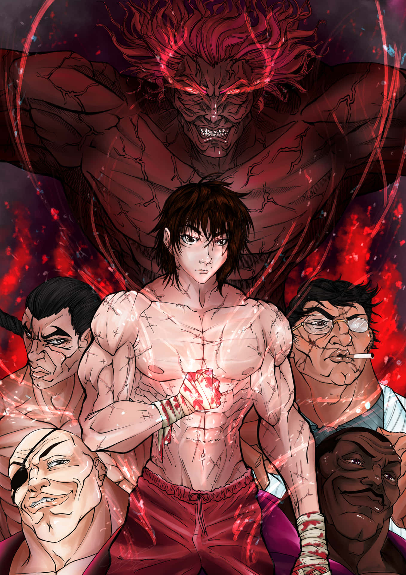 胸口發光的動漫戰士面對惡魔實體和敵對人群。