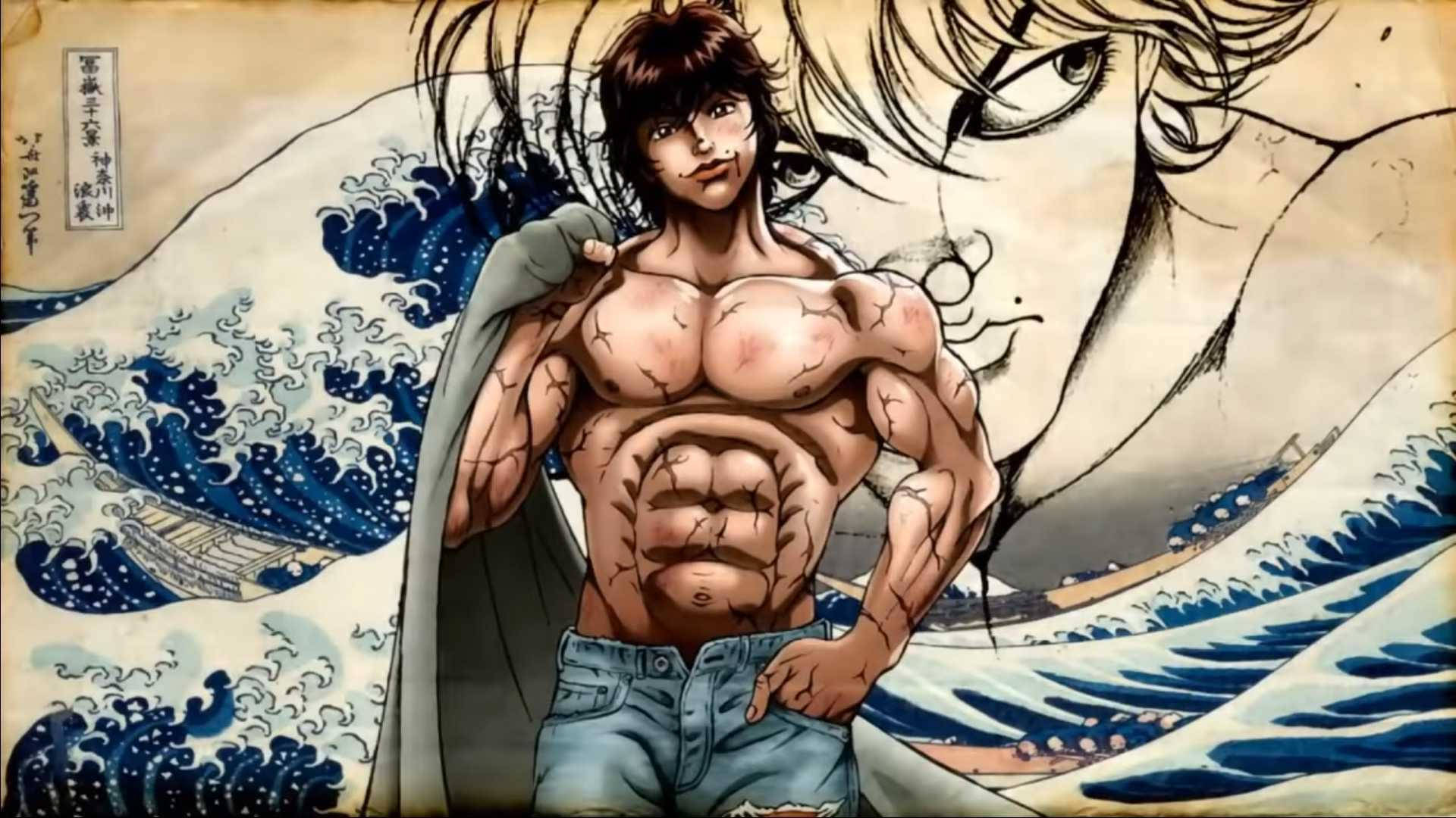Baki HD 好運神風景 壁紙 — 一個肌肉發達的動漫男人，皮膚龜裂，自信地站在巨大的藍色波浪和一個逼近的臉孔背景前。