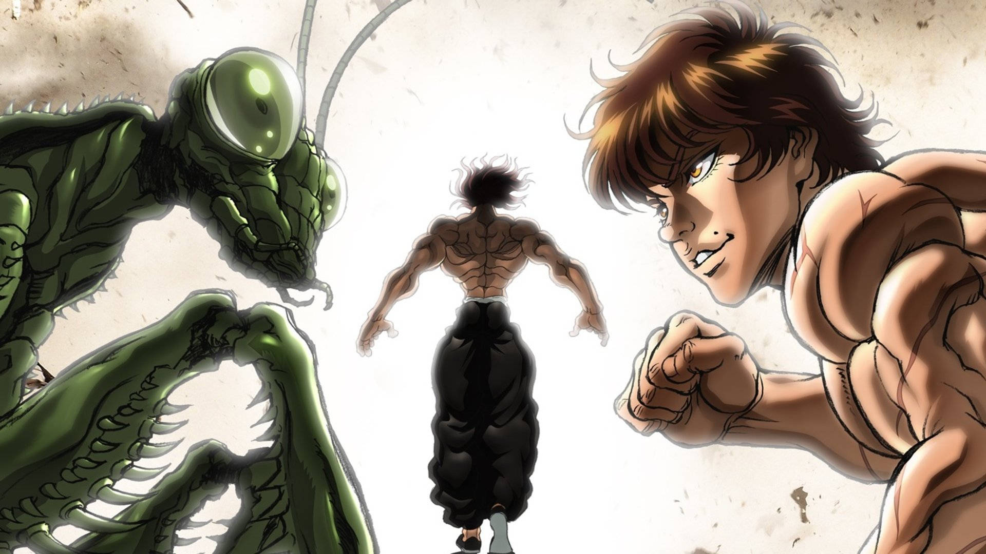 Baki HD 對戰螳螂 壁紙 — 一個肌肉發達的動漫戰士面對一隻巨大的綠色螳螂，而另一個戰士站在他們之間，形成一個激烈的戰鬥場景。