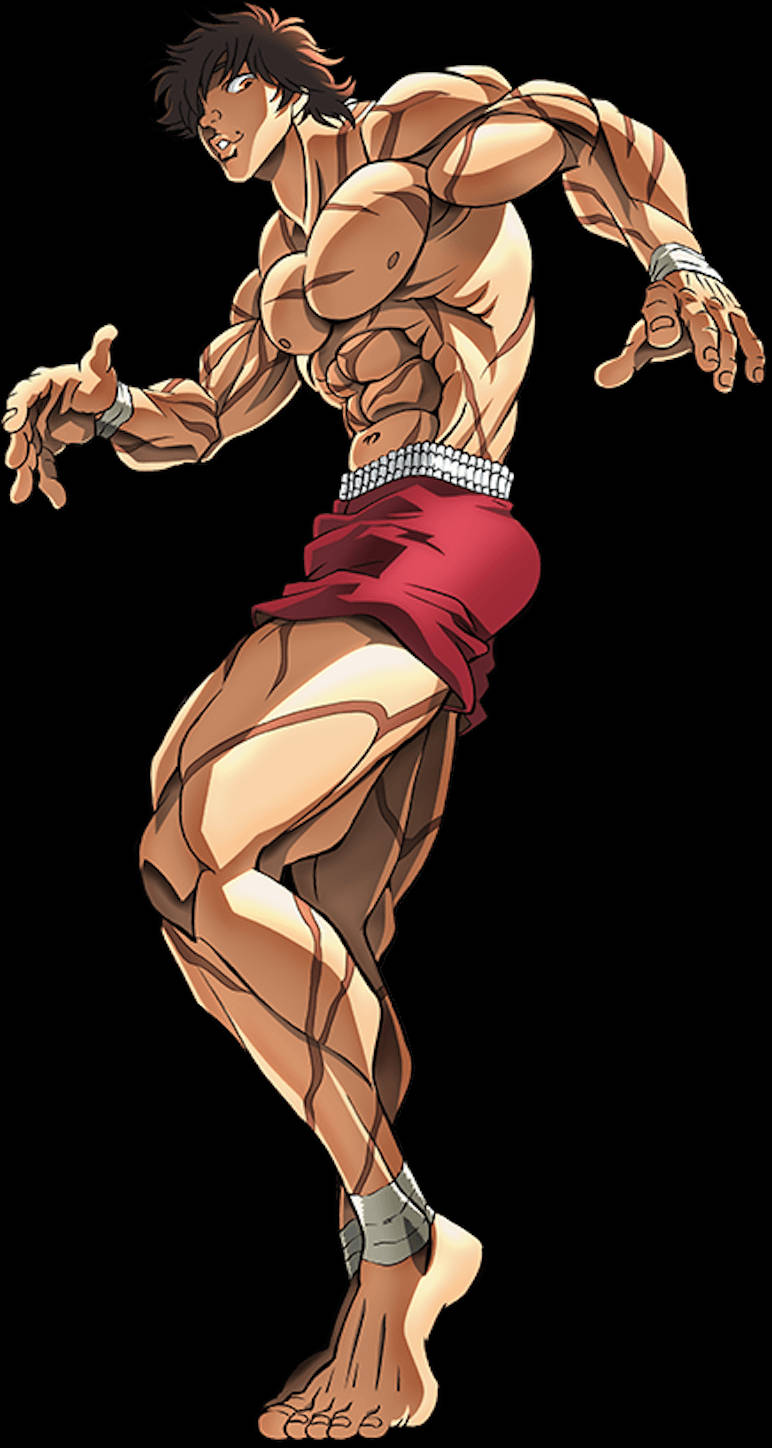 Baki HD 訓練場景 壁紙 — 一個肌肉誇張的動漫戰士，穿著紅色短褲和銀色腰帶，在黑色背景前擺出動態戰鬥姿勢。