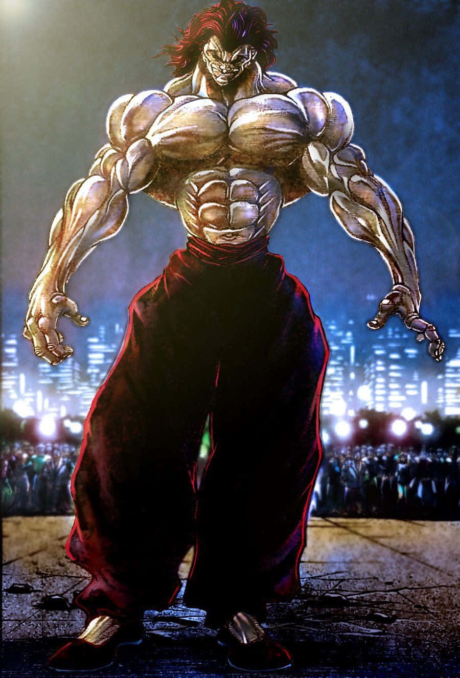 《Baki The Grappler》中的漢馬由次郎 壁紙 — 一個擁有紅色頭髮和發光眼睛的超級肌肉動漫戰士，穿著紅色褲子，在夜晚的城市景觀中挑釁地站立。