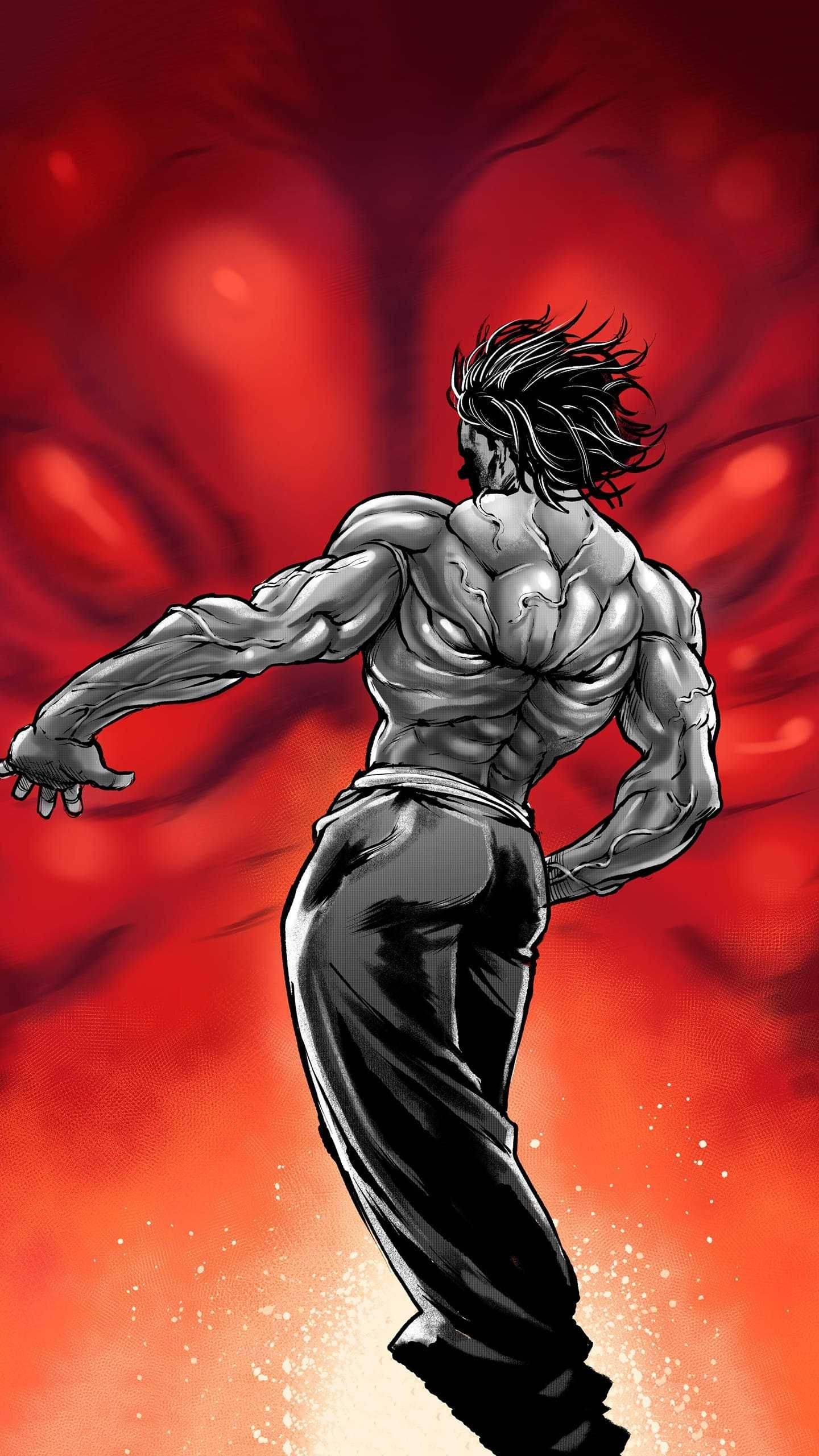 Baki 高畫質漢馬惡魔臉 壁紙 — 一位肌肉發達的動漫戰士，黑色長髮飄逸，在火紅和橙色的背景前擺出動態姿勢。