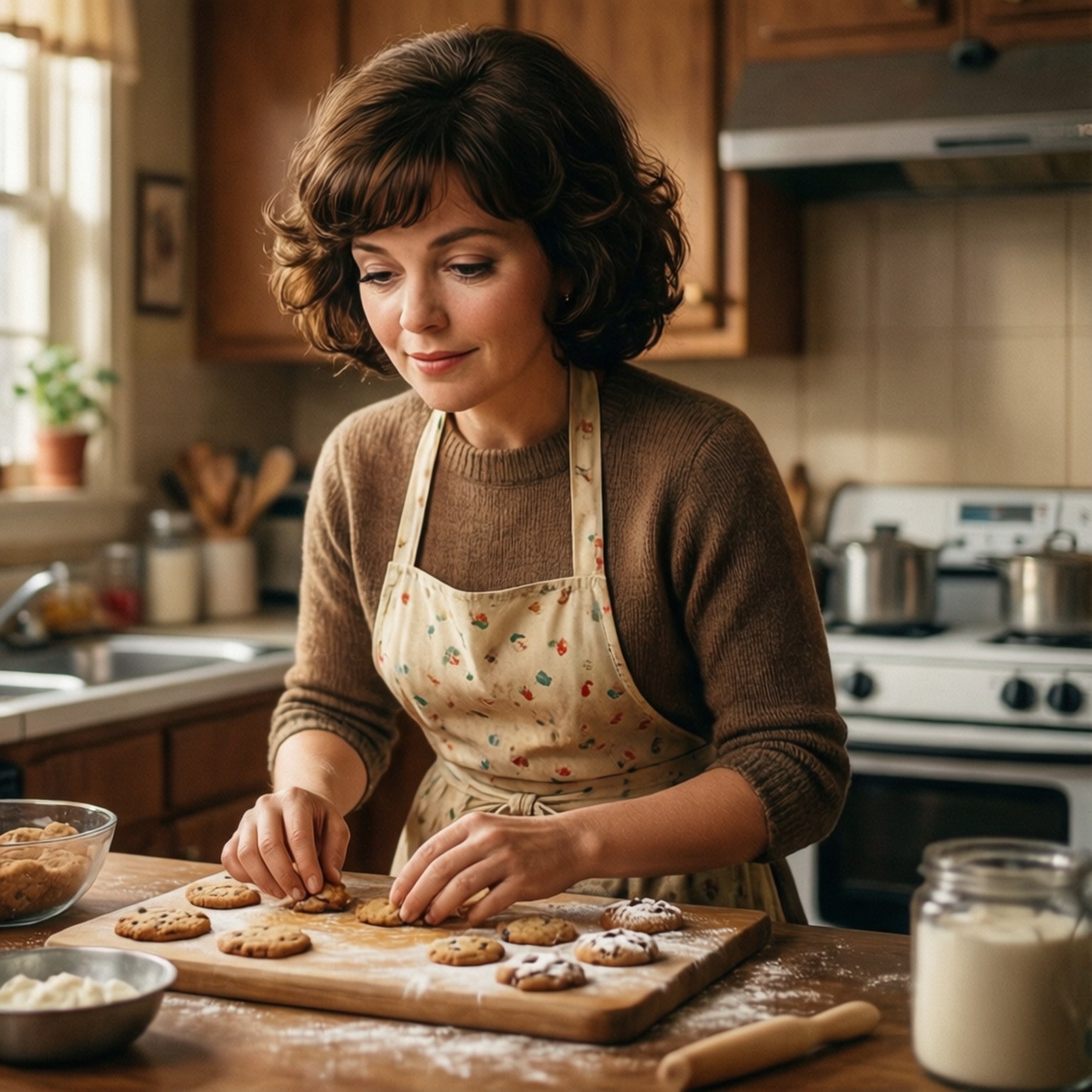 Woman in apron arranging cookies on wooden board in kitchen 壁紙