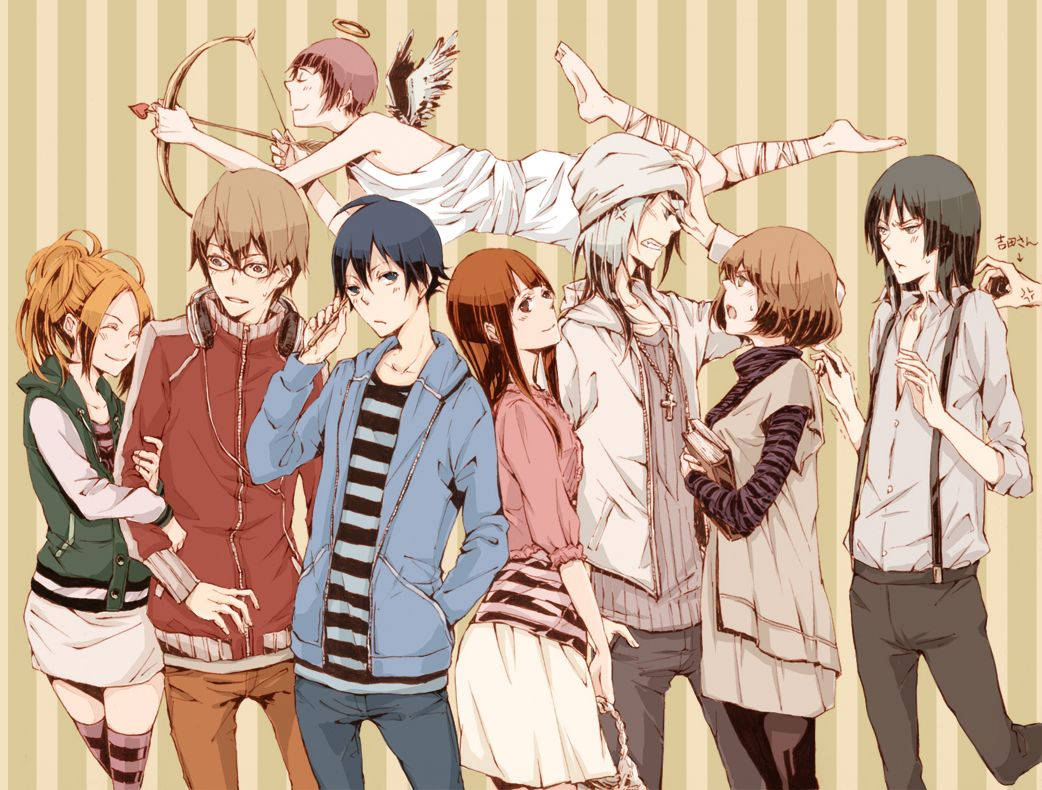 《Bakuman》的拍檔們 壁紙 — 一群動漫角色，背景有丘比特，在條紋牆紙前擺姿勢。