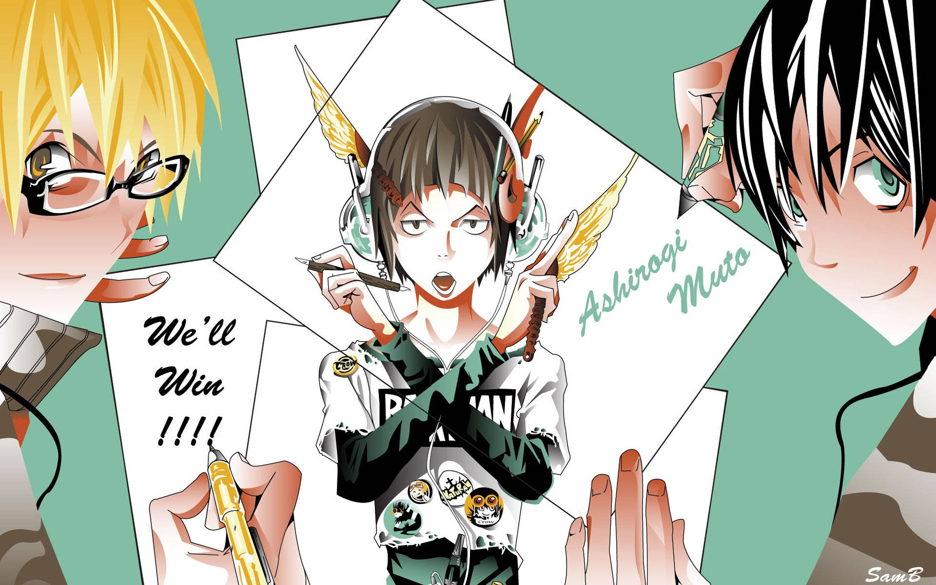 《 Bakuman 》森高與高木 壁紙 — 戴著耳機和畫筆的動漫角色在青綠色背景上重疊的紙張上愉快地創作藝術。