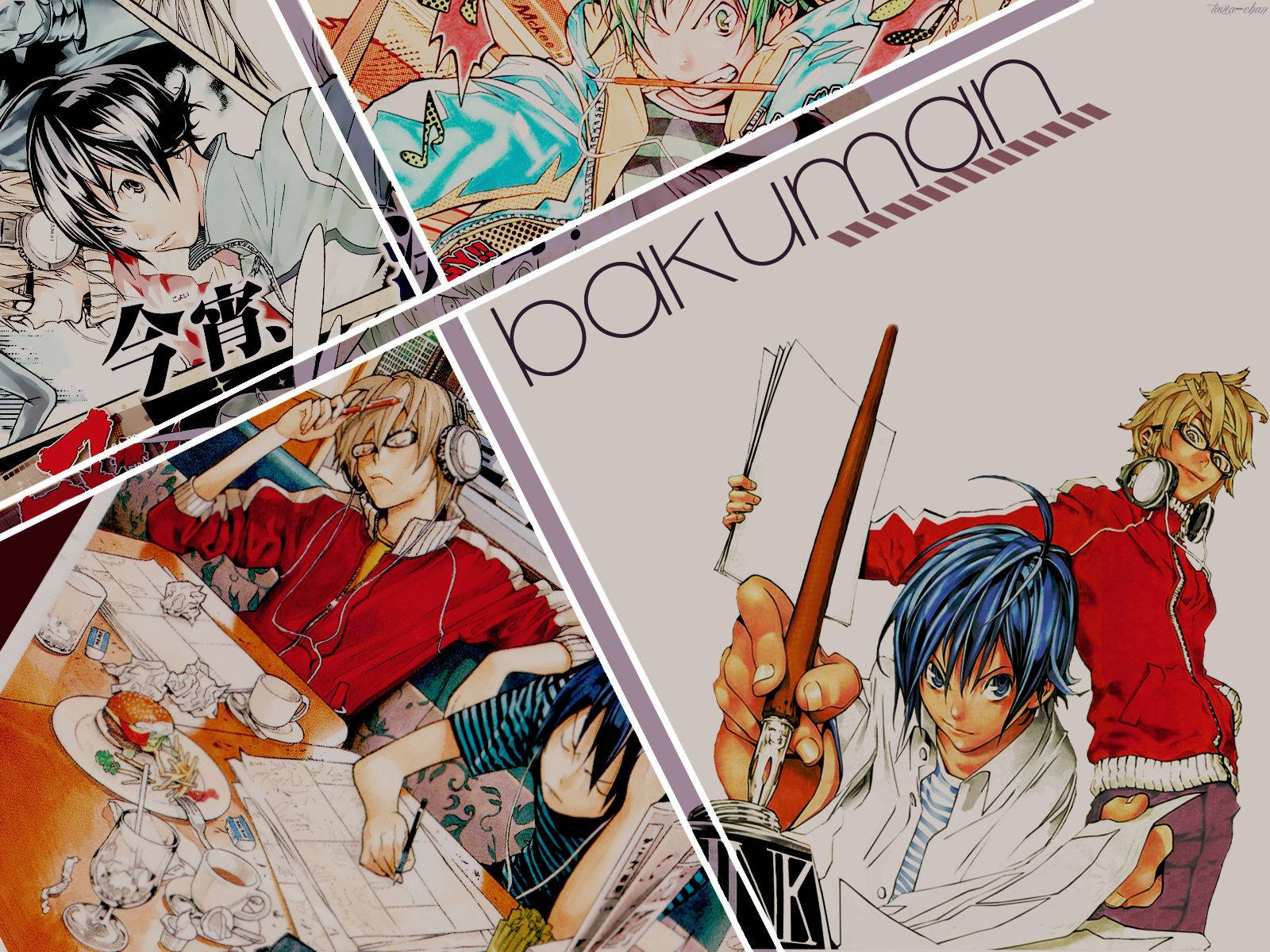 《Bakuman》高木秋人與森田真由 壁紙 — 一幅充滿活力的動漫拼貼畫， featuring Bakuman 角色在動態漫畫格中，線條大膽，表情豐富。