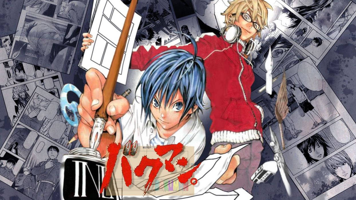 《Bakuman》主要角色 壁紙 — 兩位動漫藝術家被漫畫面板和藝術工具包圍，處於動態的創作混亂中。