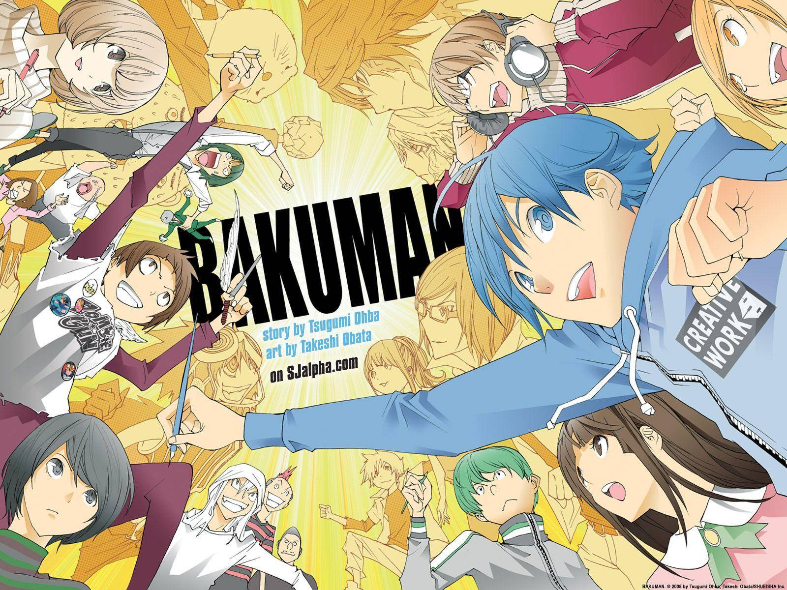 《Bakuman》漫畫系列角色 壁紙 — 動感動漫角色從金色背景中爆發，環繞著粗體嘅「BAKUMAN」標題，傳達充滿活力嘅漫畫興奮感。