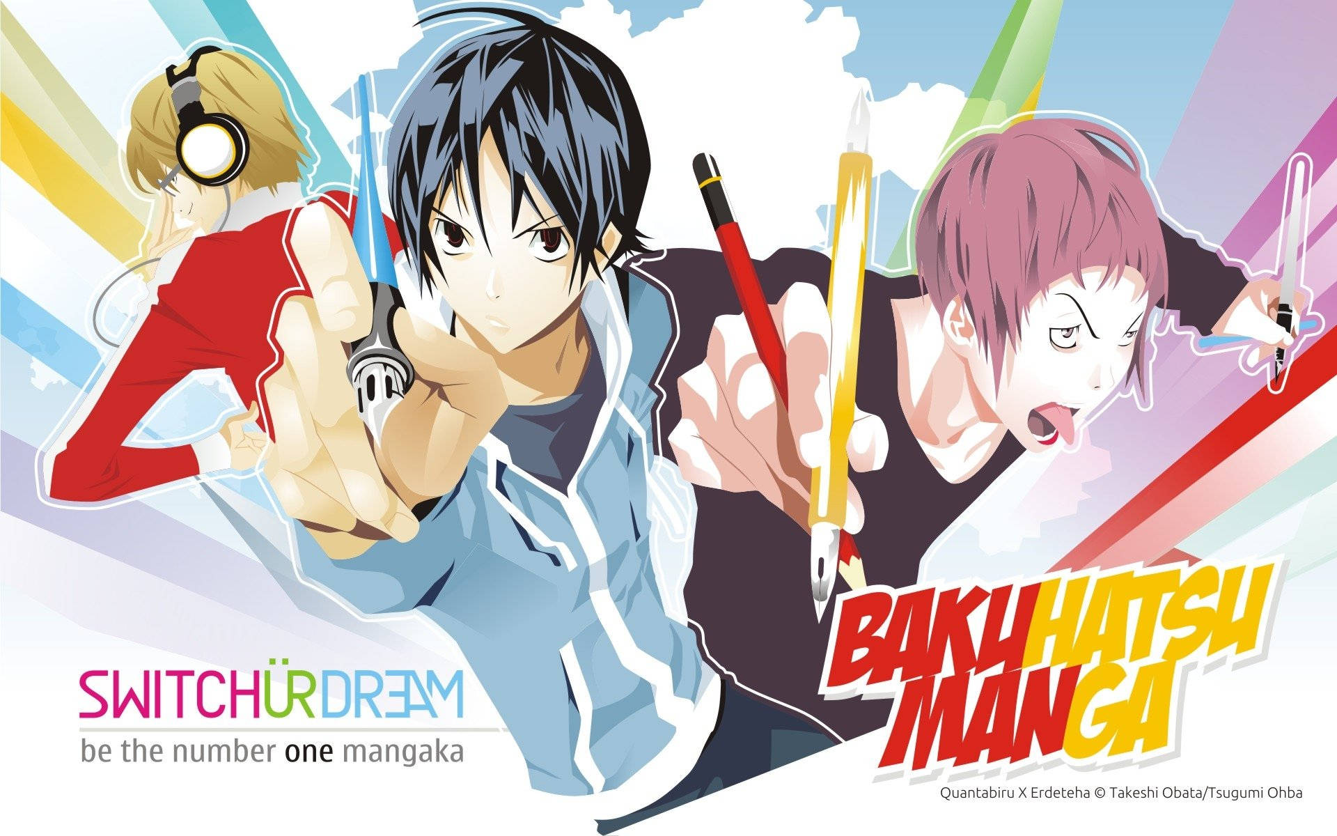 《 Bakuman 》動畫系列 壁紙 — 三個動漫角色以筆動態擺姿勢，背景為充滿活力的條紋，宣傳「Bakuhatsumanga」。