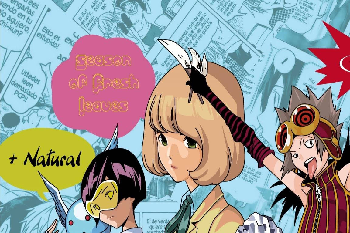 《 Bakuman 》新葉季節 壁紙 — 色彩鮮豔的漫畫風格背景和對話框中的動漫角色。