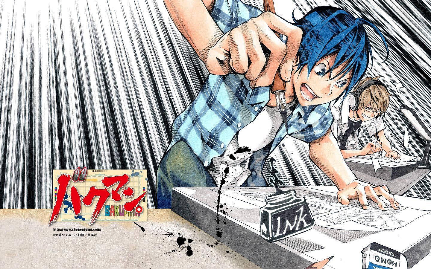 《Bakuman》中的兩位男孩 壁紙 — 一個藍髮動漫男孩熱情地用畫筆畫畫，旁邊一個朋友在素描，背景是動感的條紋。
