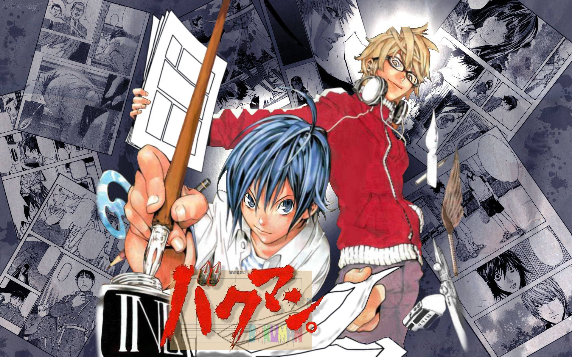 《 Bakuman 》佐伯與高木 壁紙 — 兩位動漫藝術家被漫畫面板和藝術工具包圍，呈現動態創意爆發。