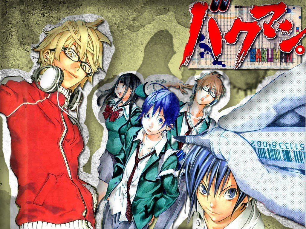 《 Bakuman 》圖形藝術 壁紙 — 五個動漫角色穿著校服和休閒服，在紋理撕裂紙張背景和粗體紅色標題文字前動態擺姿勢。
