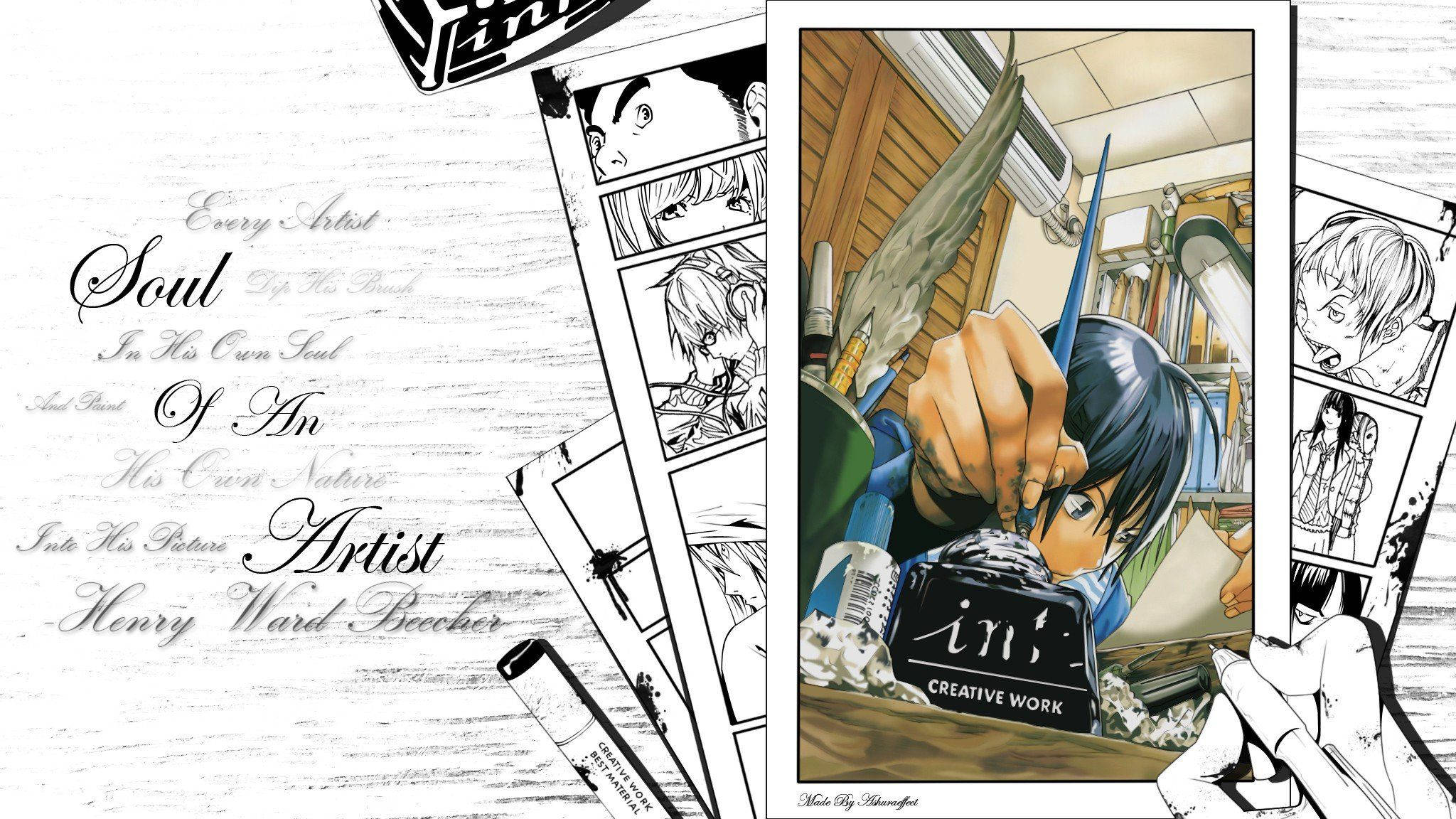 《Bakuman》森田真由 壁紙 — 一位動漫藝術家正在用畫筆仔細繪製漫畫面板，周圍環繞著漫畫頁和美術用品。