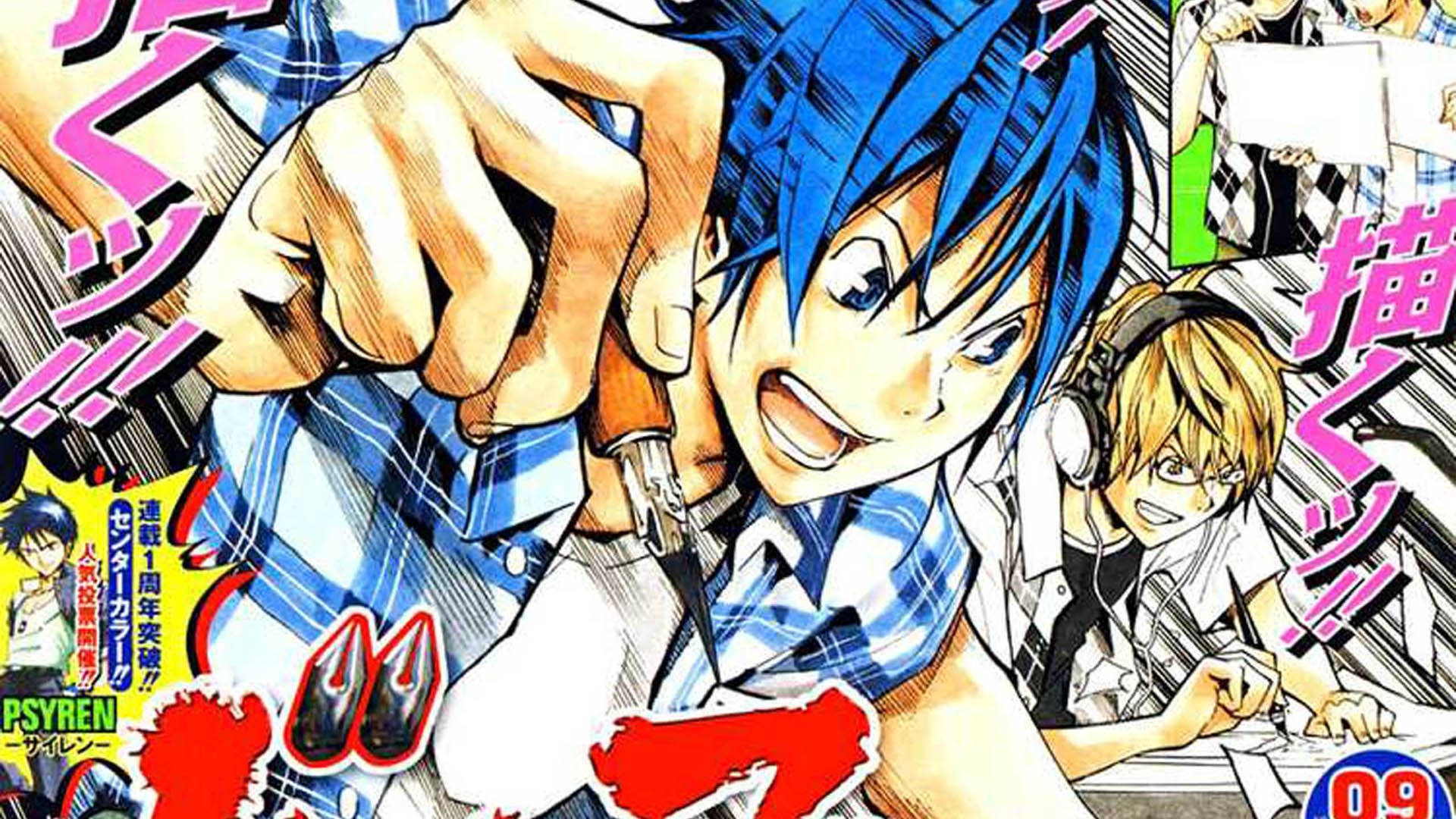 《Bakuman》森田真由和高木秋人 壁紙 — 一個充滿動感的動畫漫畫面板顯示一個藍髮男孩熱情地用鉛筆畫畫，而另一個金髮男孩在他旁邊素描。