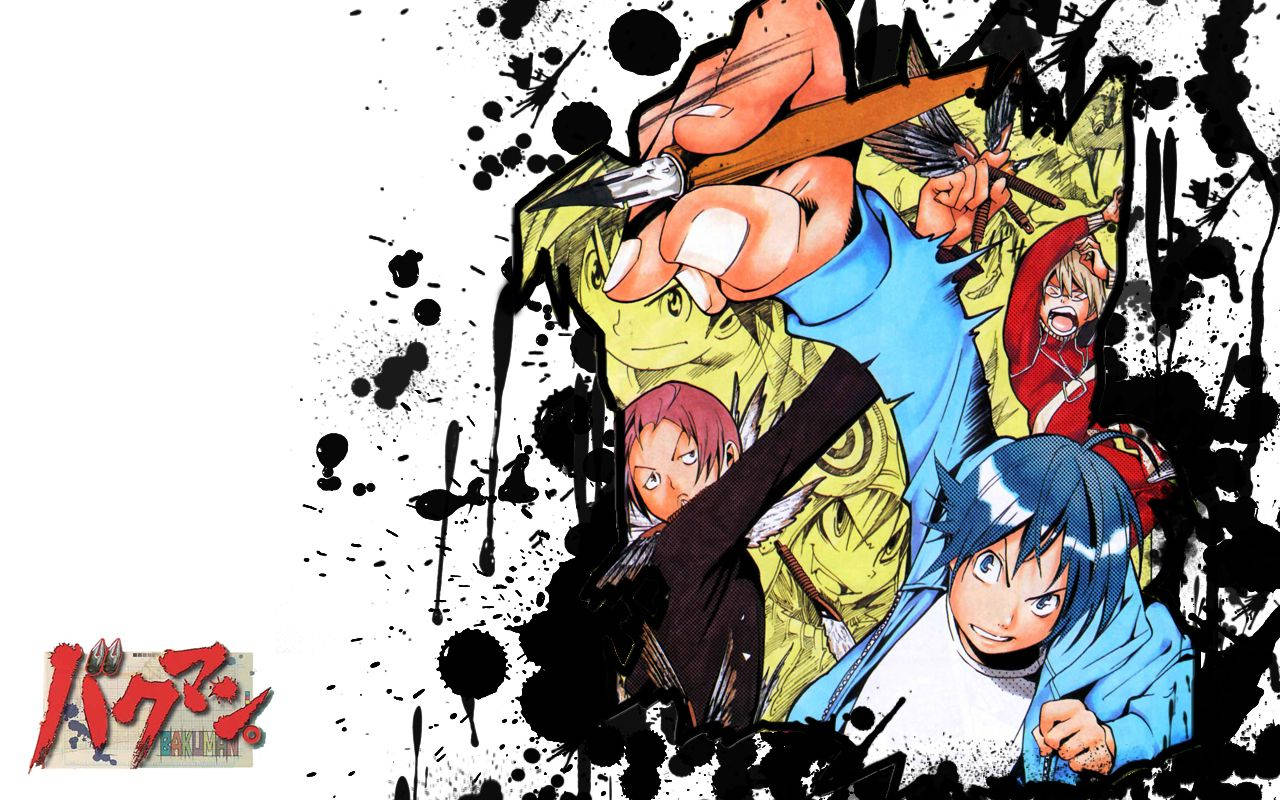《Bakuman》混亂藝術 壁紙 — 動感十足的動漫角色從黑色墨水飛濺中迸發而出，帶有強烈的表情和大膽的色彩。
